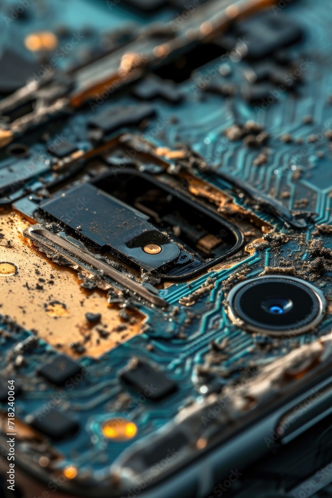 Poster a detailed view of a broken cell phone. this image can be used to illustrate technology issues or th