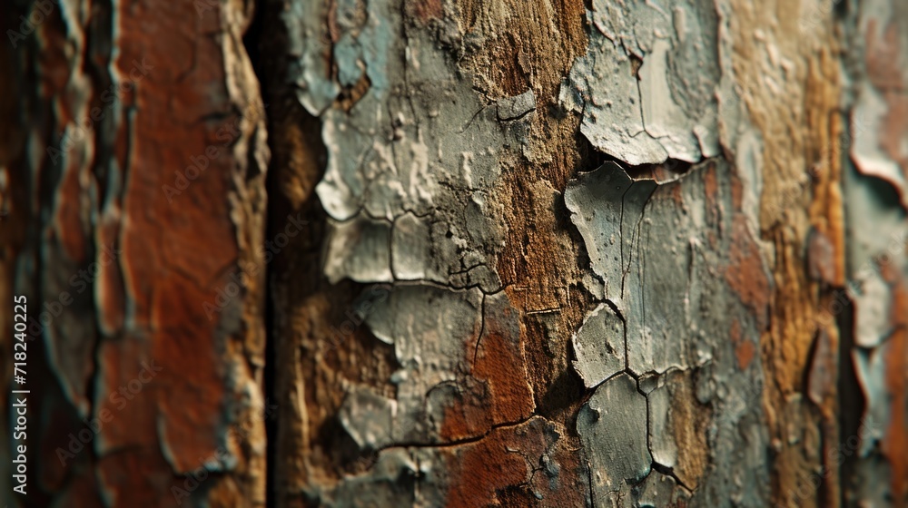 Poster a detailed view of a tree trunk with paint peeling off. perfect for rustic or nature-themed designs