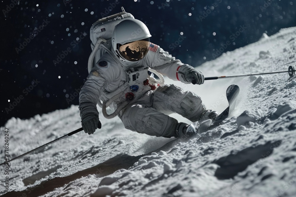 Poster an image of a man in an astronaut suit skiing down a hill. suitable for science fiction or adventure