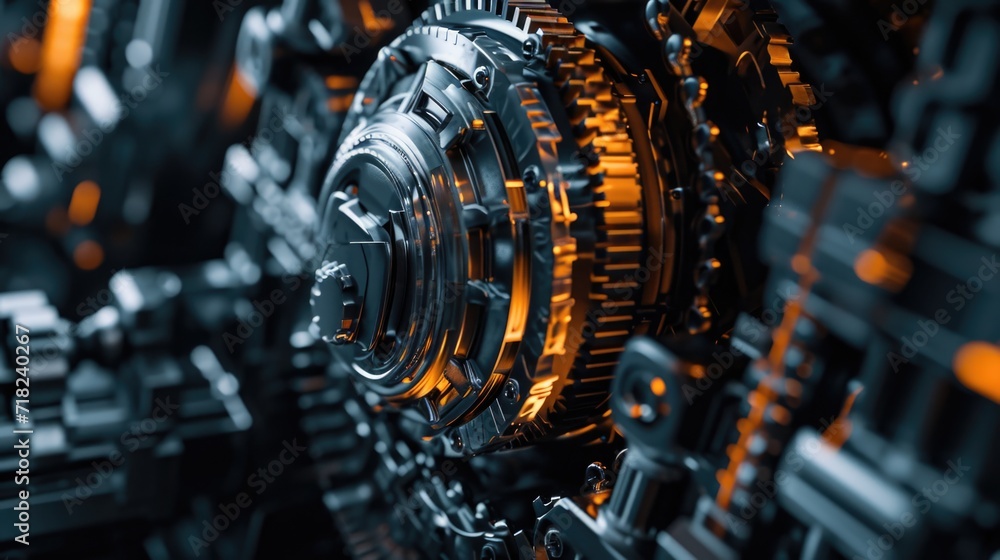 Poster A detailed close-up of the gears in a machine. This image can be used to depict precision engineering or mechanical processes