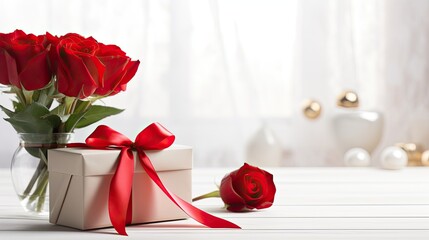 Minimalistic and elegant Valentine's Day concept, red rose in a delicate vase, a small gift box with a satin ribbon
