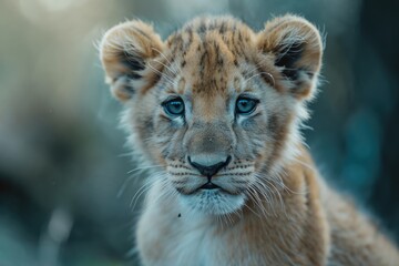 A close-up view of a lion cub with striking blue eyes. Perfect for wildlife enthusiasts or animal-themed designs