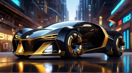 Reb7 car, black, gold details, chrome, futuristic, high technology, innovation, aerodynamics, performance, power reactor. Medium view, front side.