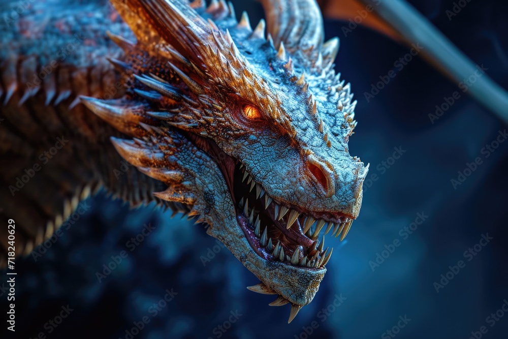 Poster A close-up view of a dragon's head with its mouth open. Perfect for fantasy or mythical-themed projects
