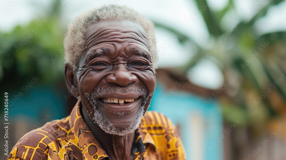 Poster an older man with a white beard smiles for the camera. suitable for various uses