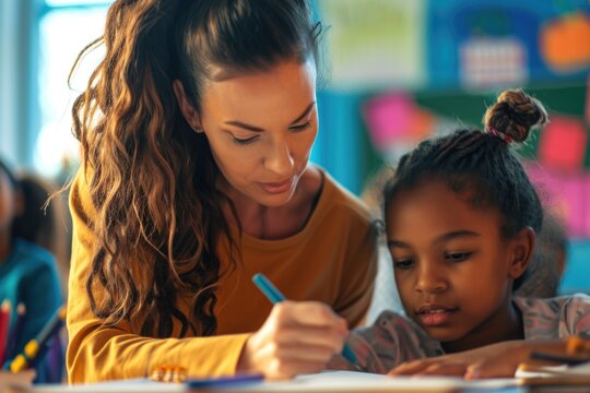 A woman is seen assisting a young girl with a pencil. This image can be used to depict education, learning, mentorship, or tutoring