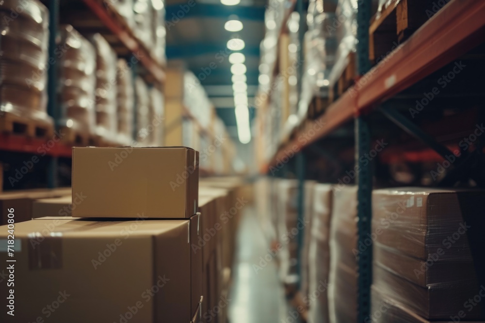 Poster a picture of a warehouse aisle with boxes stacked on the shelves. this image can be used to depict a