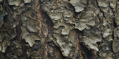 A detailed view of a tree trunk covered in leaves. This image can be used to depict nature,...