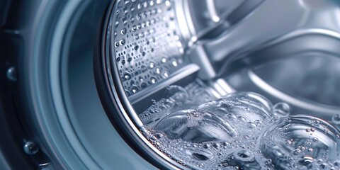 A detailed close up of a washing machine filled with water. This image can be used to illustrate household chores or the process of doing laundry