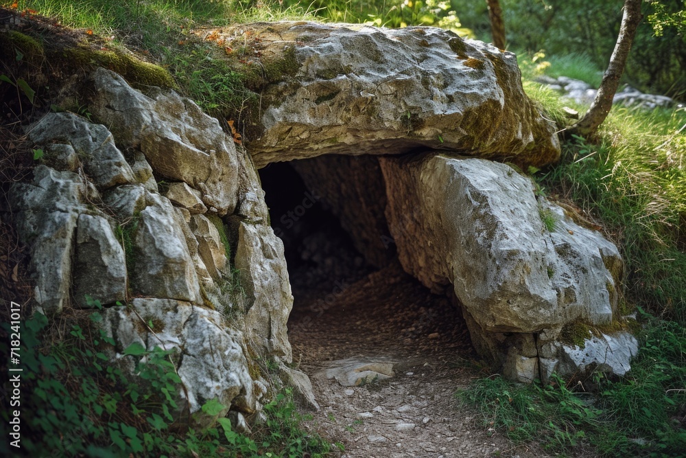 Poster a cave nestled in the heart of a dense forest. perfect for nature enthusiasts and adventure seekers