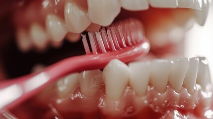 A close up view of a toothbrush with a pink bristle head placed inside a toothbrush holder. This image can be used to depict personal hygiene, dental care, or bathroom accessories