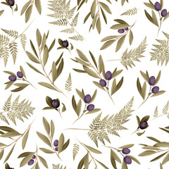 Seamless floral botanical pattern with olive branches and leaves. Seamless botanical background - obrazy, fototapety, plakaty