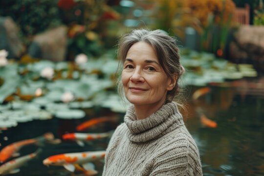 A woman standing near a pond filled with fish. This image can be used to depict tranquility and nature's beauty