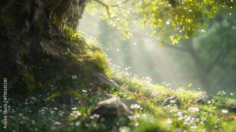 Poster sunlight shining through the trees in a forest. perfect for nature-themed designs and concepts