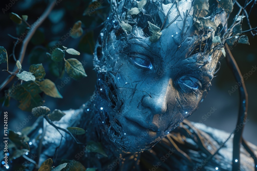 Poster A close-up view of a person's face covered in leaves. This image can be used to depict concepts such as nature, environmentalism, or the changing seasons