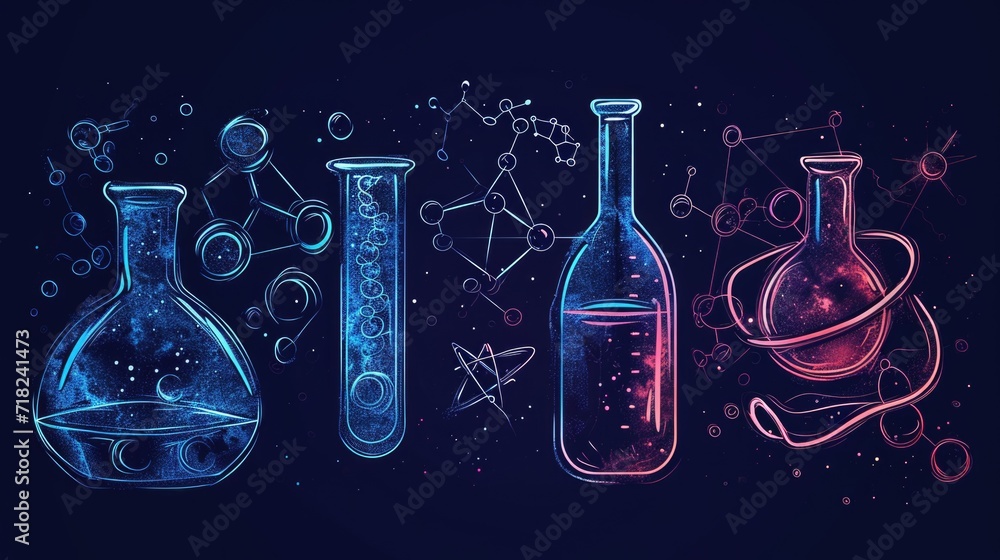 Poster a group of science glasswares filled with various liquids. perfect for educational or laboratory-rel