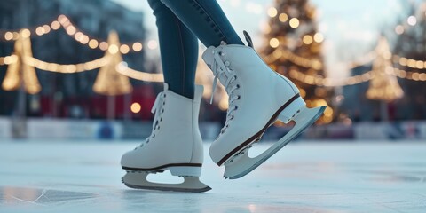 White ice skates resting on an ice rink. Perfect for winter sports or recreational activities.