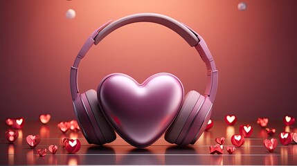 Minimalist Valentine's Day gadget - headphones styled with subtle metallic heart-shaped confetti,