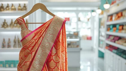 Fotobehang Saree Indian dress in white luxury boutique background. Indian attire in fashion store. Festive outfit. Beautiful Bollywood clothing. Stylish orange party dress. Handloom saree salon. Banner © ladyalex