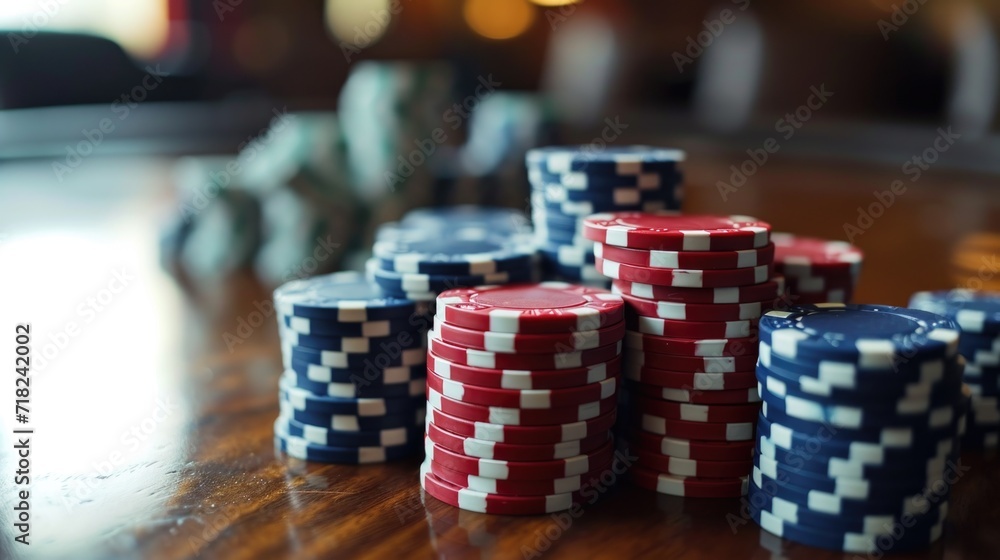 Poster a pile of poker chips sitting on top of a wooden table. this image can be used for various gambling 