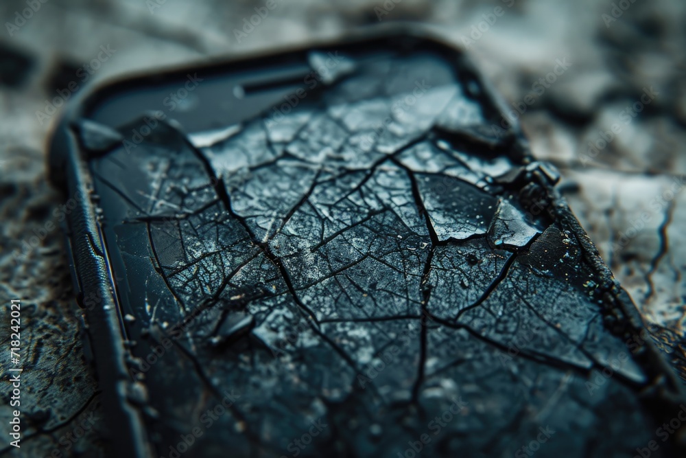 Poster a broken cell phone resting on top of a rock. can be used to illustrate technology failure or the ne