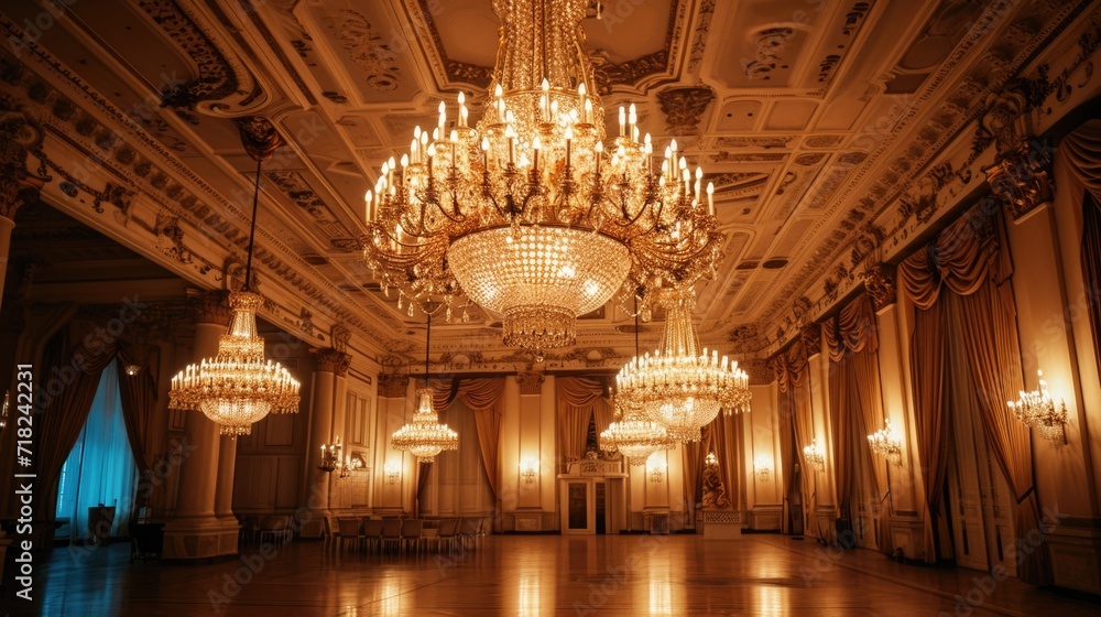 Poster A stunning image of grand chandeliers illuminating a large room. Perfect for adding a touch of luxury and sophistication to any design project