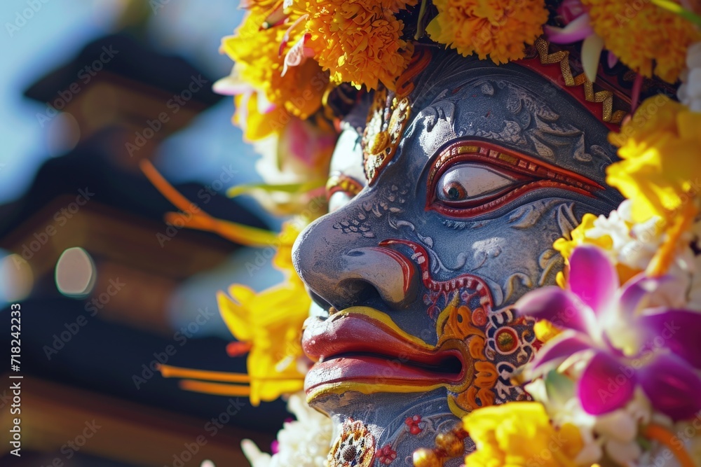 Poster A close up of a mask with flowers around it. Perfect for adding a touch of elegance to any project or event
