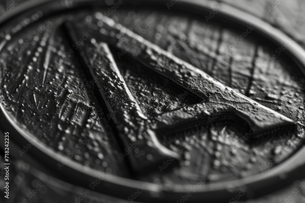 Poster A close up view of a metal object with a letter on it. This image can be used for various purposes