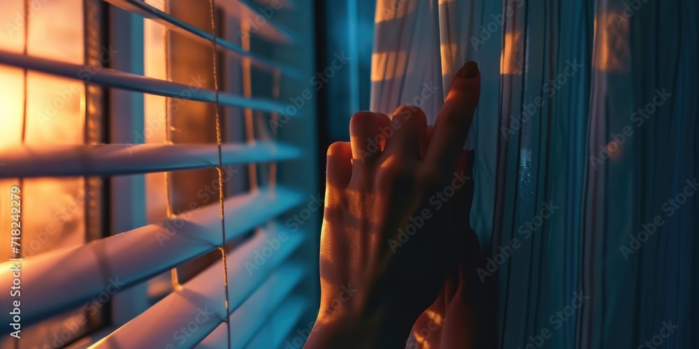 Poster A person reaching out of a window with blinds. Suitable for illustrating concepts of connection, curiosity, or longing.