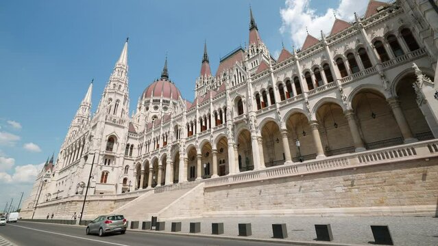 Residence of Hungarian Parliament, Budapest against backdrop blue sky on sunny day in summer. National building symbol side view. Travel. Tourism