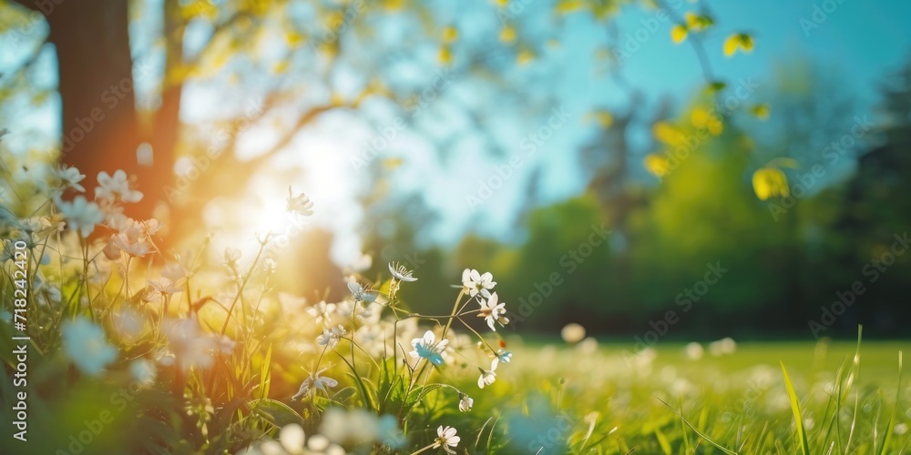 Canvas Prints Sun shining through the trees and flowers, creating a beautiful and vibrant scene. Perfect for nature enthusiasts and garden lovers