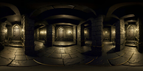 Full 360 degrees seamless spherical panorama HDRI equirectangular projection of Dark Old Vaulted Catacomb Dungeon. Texture environment map for lighting and reflection source rendering 3d scenes.