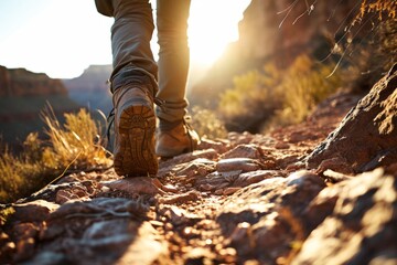 Amidst scenic beauty, spotlight on a hiker's lower body navigating varied terrain, showcasing the harmony of movement generatie ai - Powered by Adobe