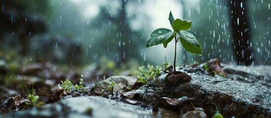 A rising young fresh plant, resiliently growing amidst heavy rain, symbolizes the arduous struggle for a new life, overcoming obstacles with tenacity. - obrazy, fototapety, plakaty