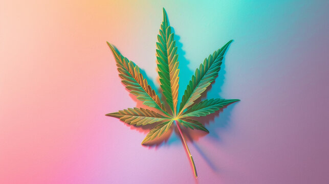 Cannabis indica leaf illuminated by a kaleidoscopic rainbow reflection. 4:20 day, cannabis liberalization and legalization concept. Growing medical marijuana.