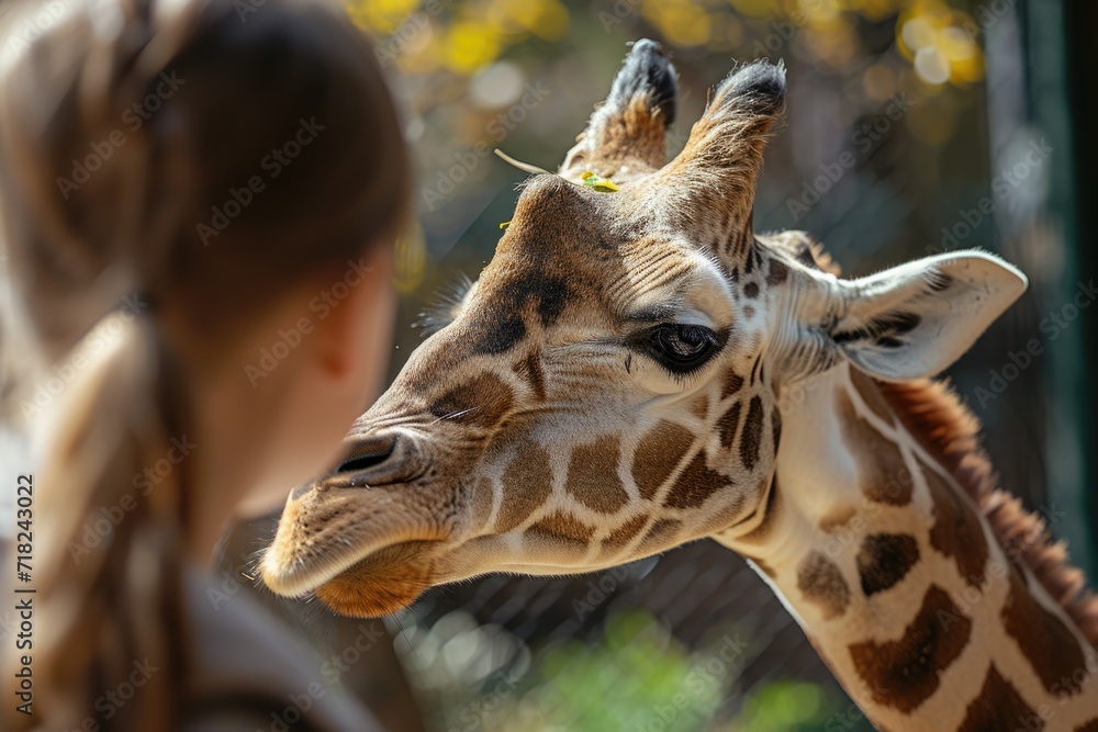 Aufkleber A close-up view of a giraffe's face with a woman in the background. Suitable for wildlife and nature-themed projects