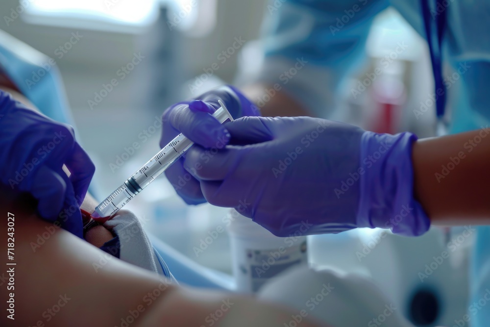 Poster a person in a blue uniform is receiving a vaccine. this image can be used to illustrate the process 