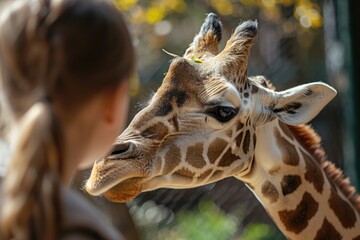 A close-up view of a giraffe's face with a woman in the background. Suitable for wildlife and nature-themed projects