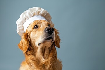 A picture of a golden retriever dog wearing a chef's hat. Can be used for food-related designs or as a cute and funny image for various purposes