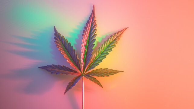 Cannabis indica leaf illuminated by a kaleidoscopic rainbow reflection. 4:20 day, cannabis liberalization and legalization concept. Growing medical marijuana.