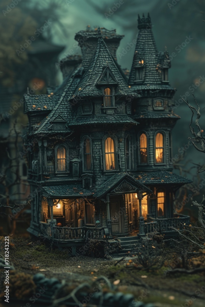 Poster a creepy looking house situated in the middle of a forest. perfect for spooky and mysterious themes