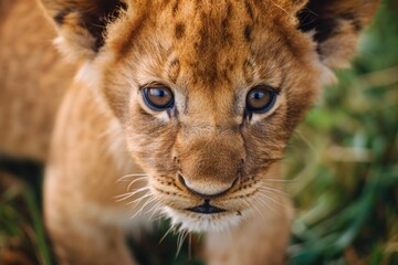 A close-up shot of a curious lion cub looking directly at the camera. Perfect for wildlife enthusiasts and animal lovers