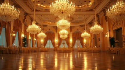 A spacious ballroom with stunning chandeliers and beautifully set tables. Perfect for upscale events and elegant occasions