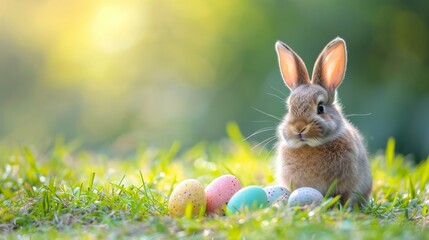 Fototapeta na wymiar Adorable Easter Bunny with Colorful Easter Eggs AI Generated