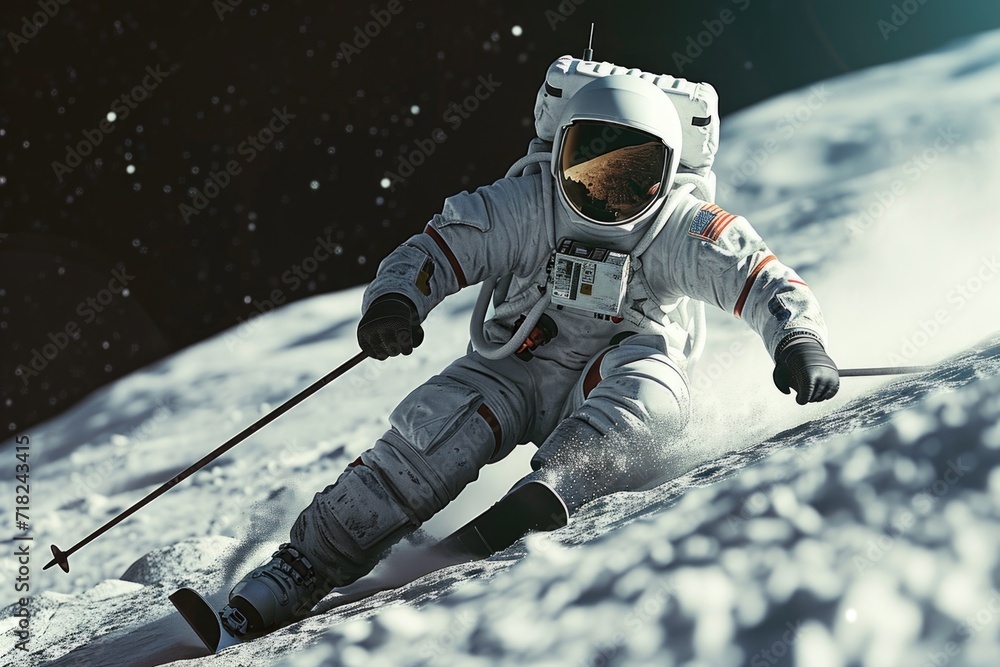 Poster a man in an astronaut suit skiing down a hill. perfect for illustrating adventure and exploration.