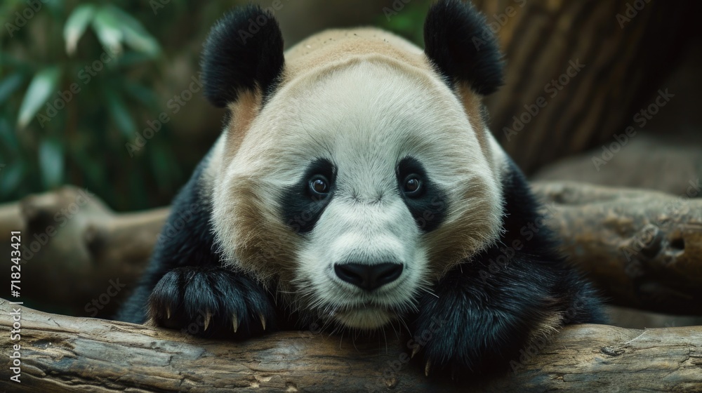 Poster A panda bear peacefully resting on top of a tree branch. Suitable for nature and wildlife themes