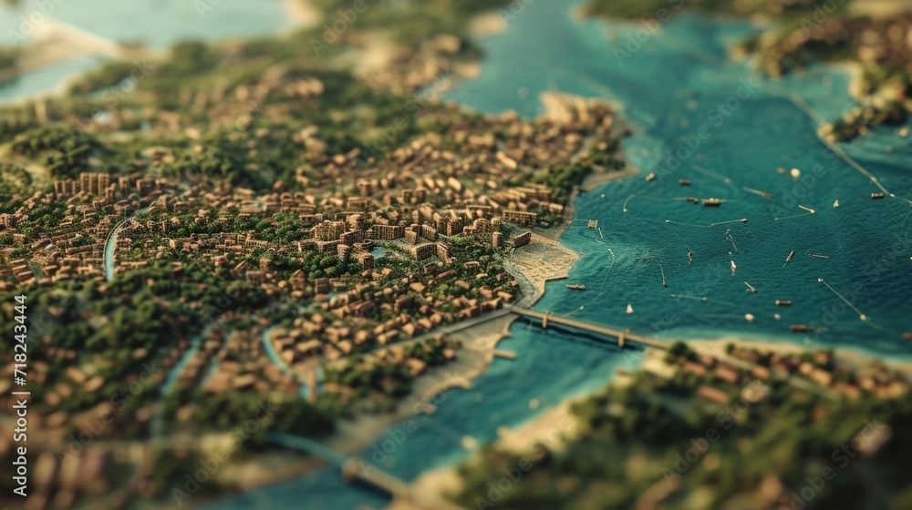 Poster A small-scale replica of a city, meticulously crafted and displayed on a map. Perfect for illustrating urban planning, architectural concepts, or showcasing a specific location
