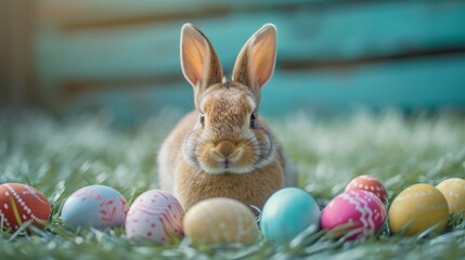 Adorable Hare with Painted Easter Eggs AI Generated
