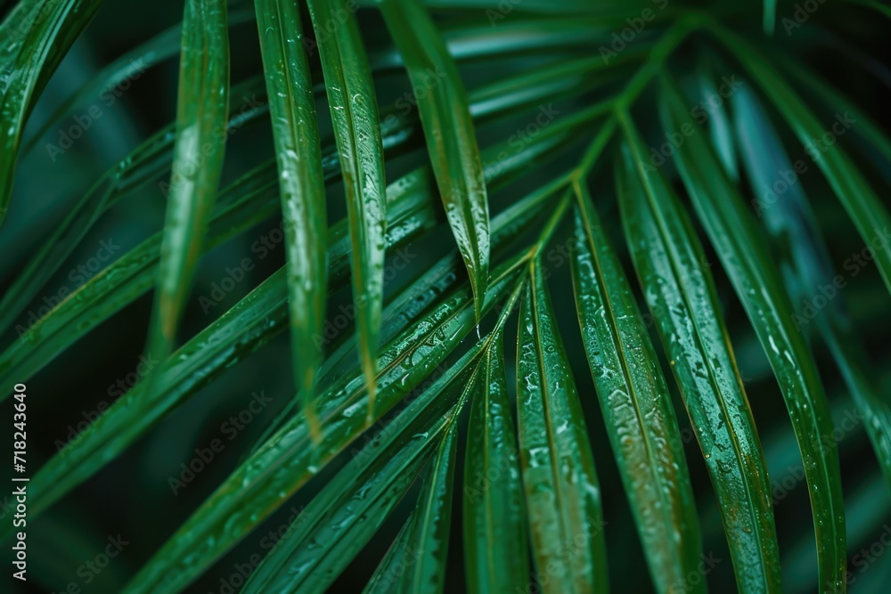 Poster a detailed view of a palm leaf with small water droplets. perfect for nature-themed projects and des