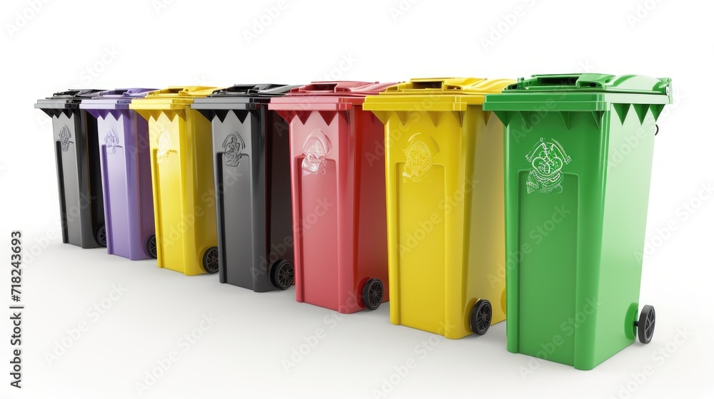 Poster A row of colorful trash cans lined up next to each other. Perfect for illustrating waste management or recycling concepts